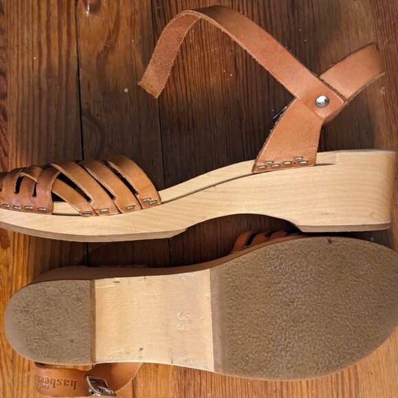 SWEDISH HASBEENS Toffel Brown Tan Leather Braided Sky High Clog Sandal SIZE 39 - Picture 3 of 3